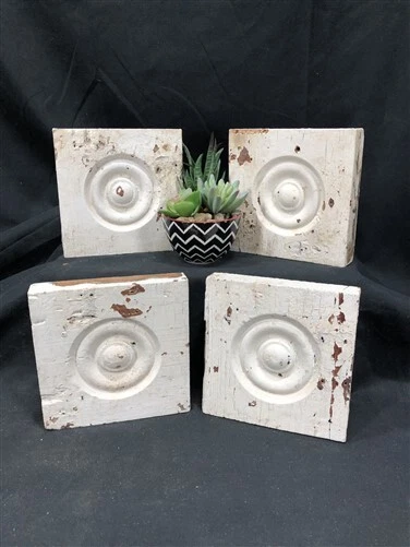 4 Plinth Blocks, Antique Bullseye Rosettes, Architectural Salvage Wood Trim C82,