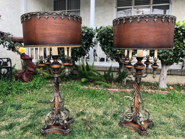 Antique Pair Of French Candelabra Wood With Brass Table Lamp With Wooden Shades