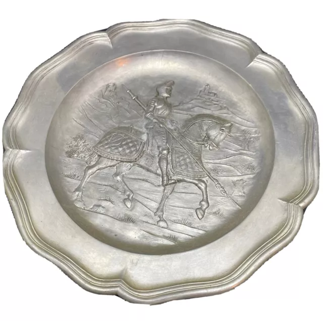 German Pewter Plate With Armored Knight On Horseback Antique/Vintage