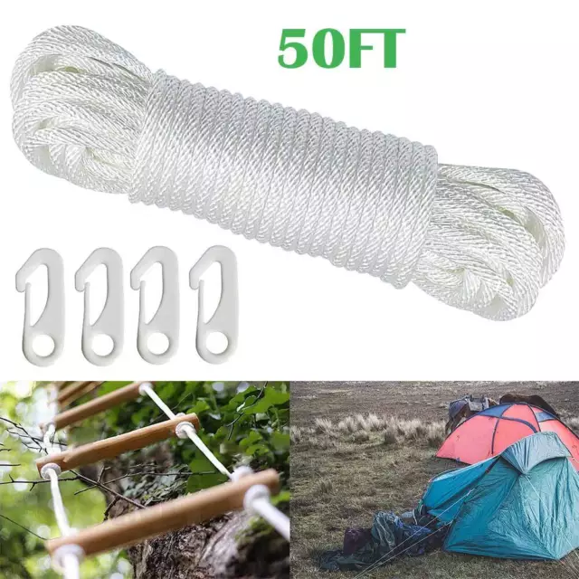 49ft/15M Nylon Flag Rope Flagpole Rope 6mm Thick White  W/4X Clips For Garden