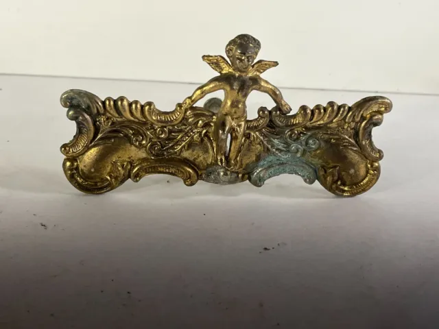 Antique Brass Dresser Adornment Cabinet Drawer Pull Cherub Angel  Ornate bronze