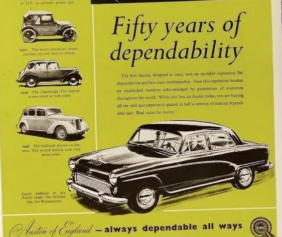 AUSTIN Jubilee 1905-1955 50 Years dependability Vintage Print Ad 1955