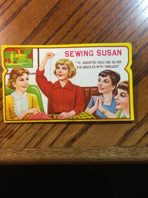 vtg new Sewing Susan w/ 70 Gold & Silver Eye Needles w/ Threader