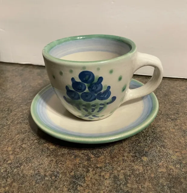 MA Hadley Pottery Blueberry Bouquet Coffee Cup & Saucer Hand Painted Art Signed