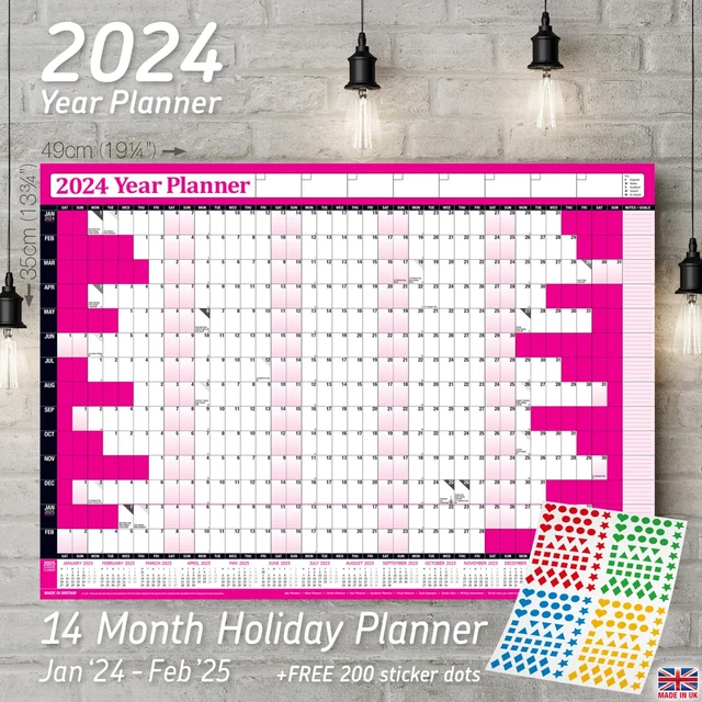 2024 Calendar Holiday Year Planner A3 Wall Chart HOT PINK +FREE 200 Sticker Dots