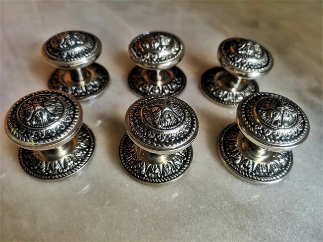 6 VINTAGE DRAWER KNOBS - Chromed BRASS Victorian style - HANDLES Pulls - 35 mm
