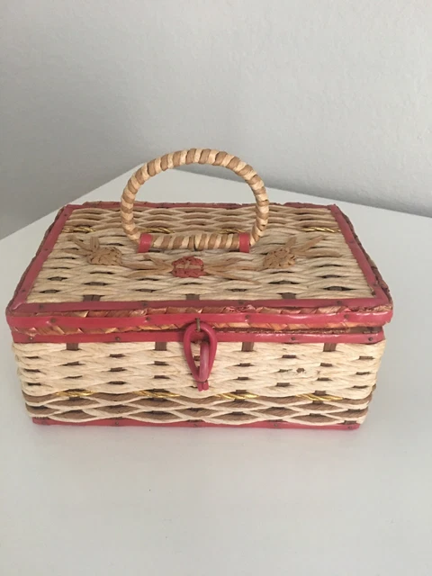 Vintage Red And Cream Wicker Woven Sewing Basket Japan