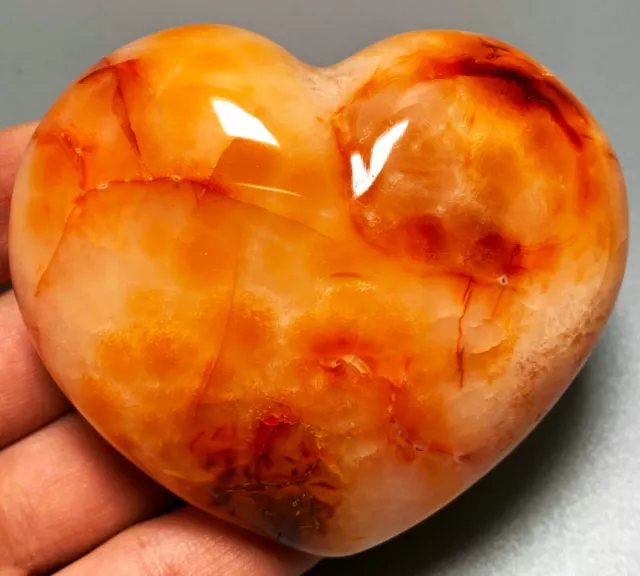 263g Unique Red Orange CARNELIAN AGATE Crystal Polished Heart Palm Stone