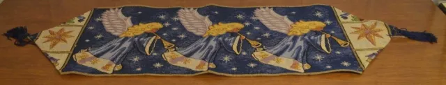 Holiday Christmas Angels w/ trumpets gold blue Tapestry Table Runner Fabric