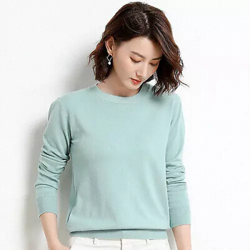 Women Knitted Pullover Slim Crew Neck Sweater Solid Jumper Cashmere-like Sweater