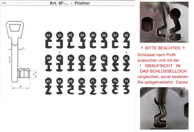 BUNTBARTSCHLÜSSEL No. 51-74 Porte Serrure à Encastrer Schlüssel pour Kfv