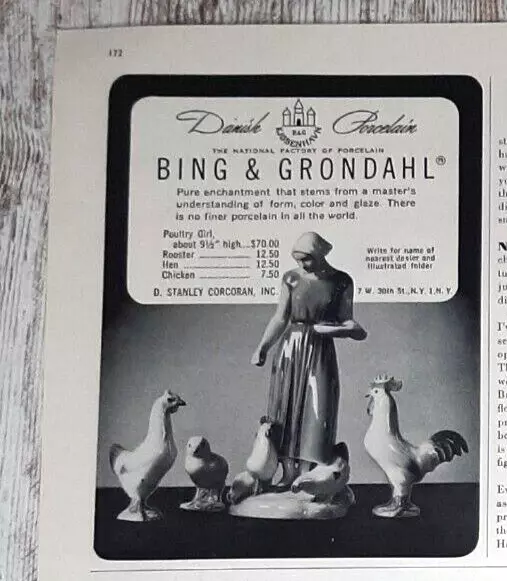 1953 Danish Porcelain Vintage Print Ad Poultry Girl Rooster Hen Bing & Grondahl