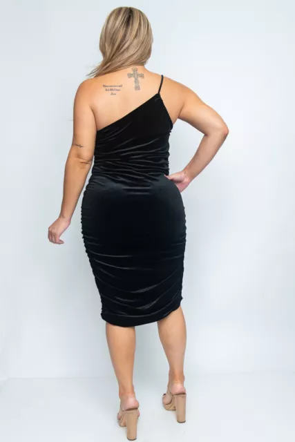 Womens Plus Size Black Velvet Single Shoulder Midi Bodycon Dress 2XL 2