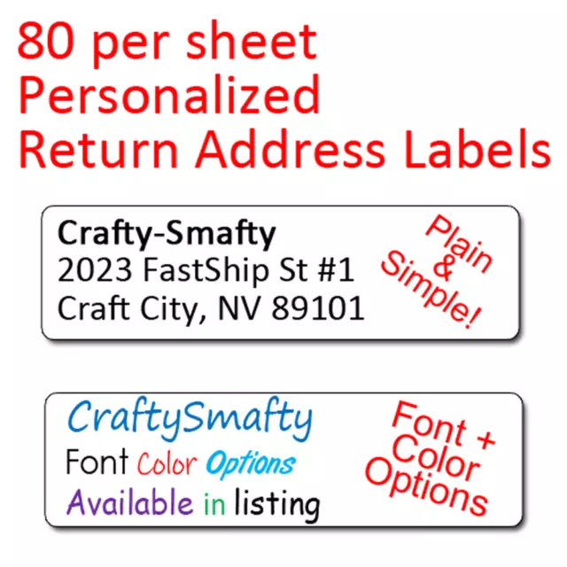 80 Plain Personalized Return Address Labels Custom Printed 1/2 x 1 3/4 Inch