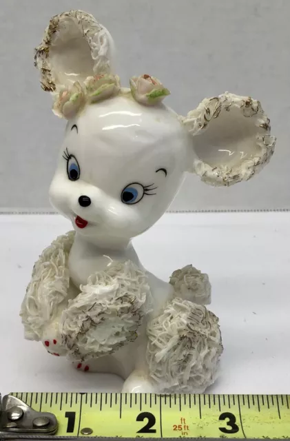 Vintage Spaghetti White Poodle Figurine Gold Accents Pink Roses Japan Sticker