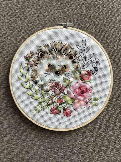 Finished Completed Cross Stitch- “Hedgehog”- Framed 8” Round