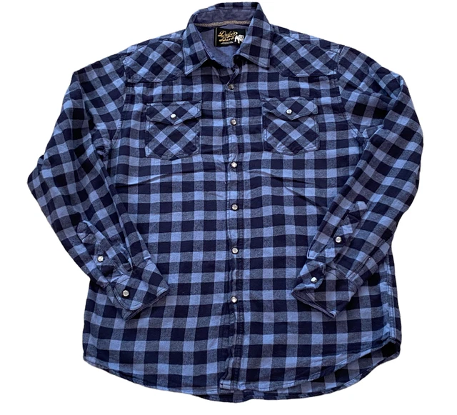 Dukes Bark Shirt Men Size Medium Long Sleeve Pearl Snaps Blue Checkered