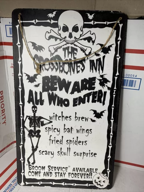 Halloween Theme Sign The Crossbones Inn 15.75" x 9" Skull & Bones Broom Service