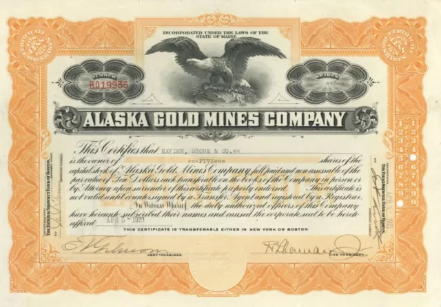 Alaska Gold Mines Co. - Stock Certificate - Mining Stocks