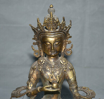 11.2 " Chine Bouddhisme Doré Cuivre Longévité Amitayus Dieu Sculpture Déesse