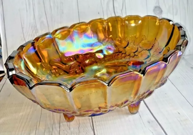 Indiana Glass Iridescent Carnival Vintage, Amber Harvest Grape Footed Fruit Bowl