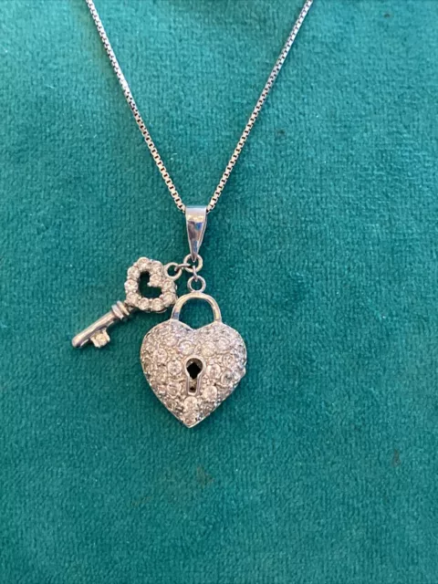 Sterling Silver .925 Rhinestone Heart/Key Pendant Boxed Chain Necklace 18”