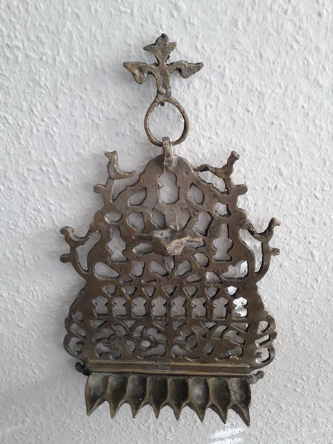 Antik alt Judaica Chanukka Hanukkah Chanukah Menorah Jüdische Öllampe Messing