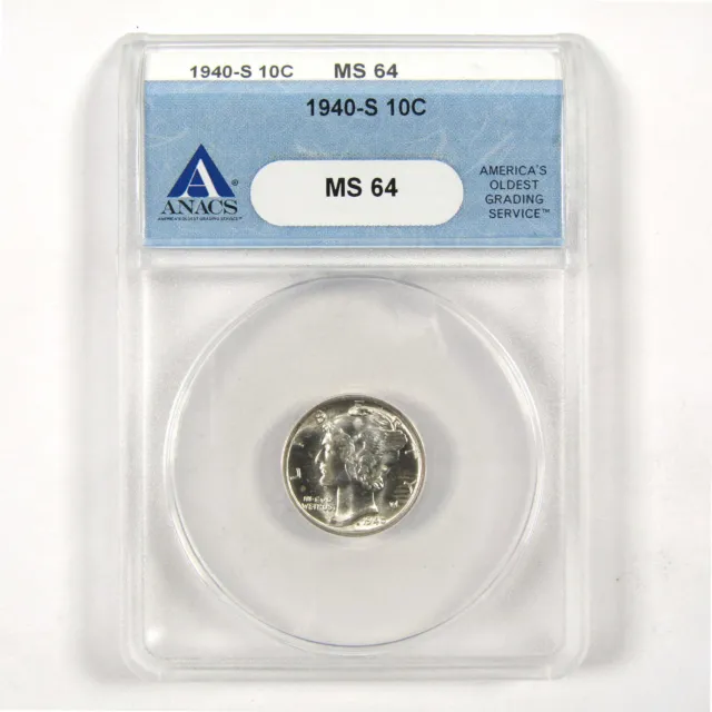 1940 S Mercury Dime MS 64 ANACS 90% Silver 10c Uncirculated SKU:I9091
