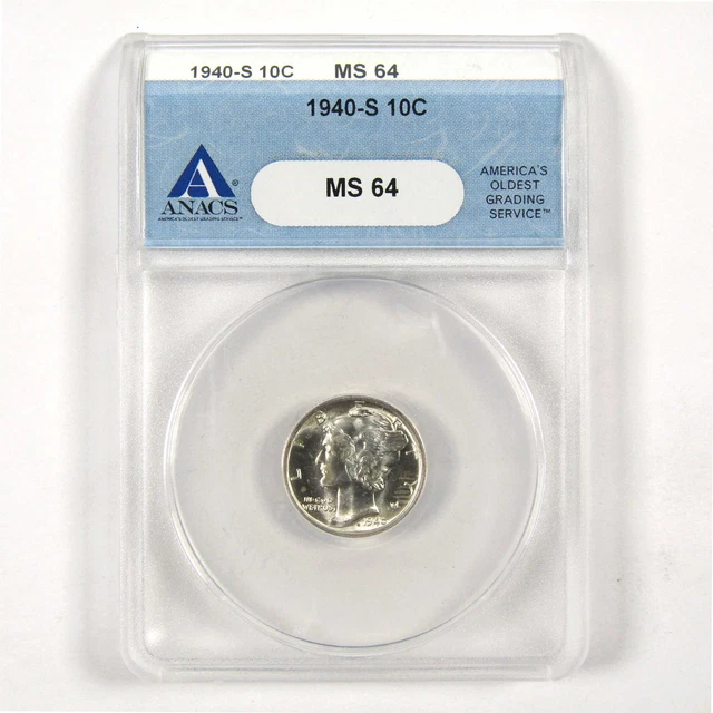 1940 S Mercury Dime MS 64 ANACS 90% Silver 10c Uncirculated SKU:I9091