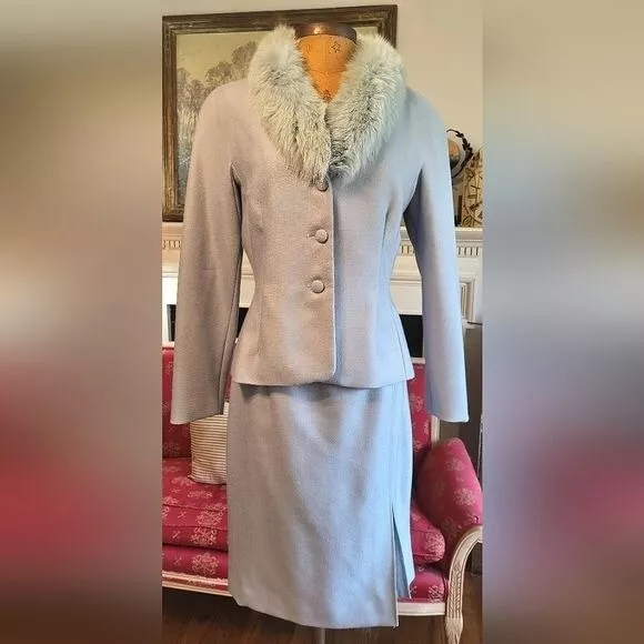 Vintage Kay Unger New York Light Blue Fur Trim Evening Skirt Suit Size 8