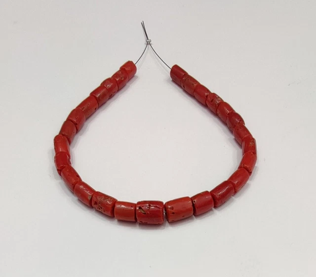 Collier Perles De Corail Naturel Rouge D'Italie - 100 Carats, Perles Tubes 10 Pouces