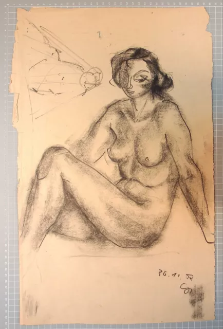 Alte originale Kohle/Bleistiftzeichnung, Papier, Frauen Akt dat. 1952 Aktstudie