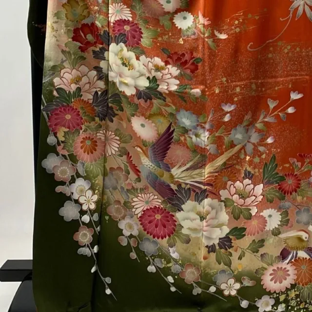 Japanese Kimono Furisode Pure Silk Flower Bird Embroidery Gold Paint Vermilion 3