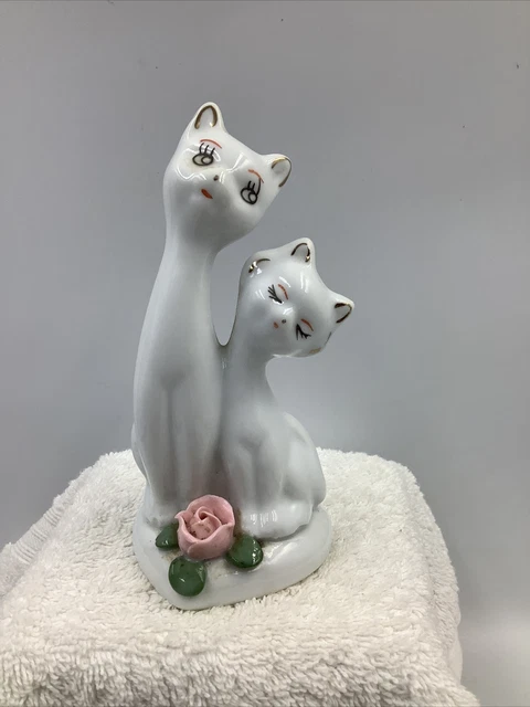 Vintage MCM Pair Long Neck Cats Kitten Heart Rose Ornament Kitsch Retro 60s 70s