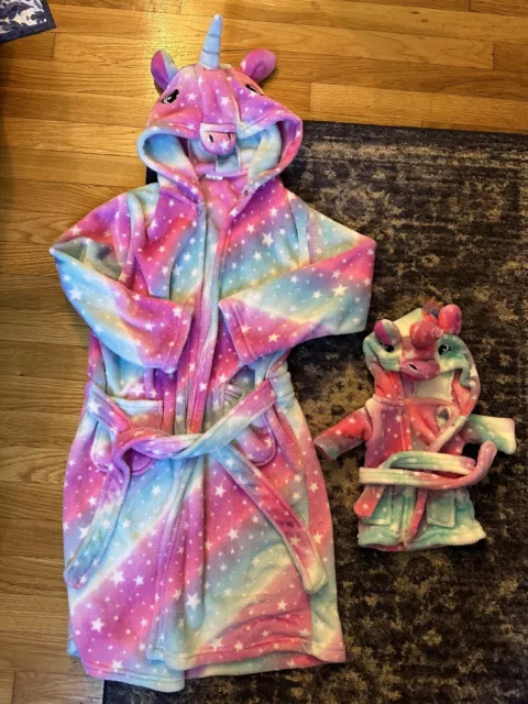 Girls Dolly And Me Unicorn Robe -Hooded plush robe with matching Doll Robe