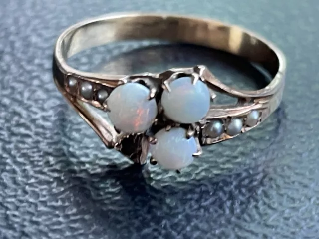 ANTIQUE c1890'S VICTORIAN OPAL SEED PEARL 10k ROSE GOLD CLOVER RING SZ 7