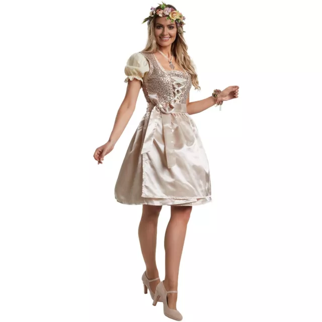 Damen Mini Dirndl Trachtenkleid Kleid Schürze Oktoberfest Wiesn Volksfest Beige