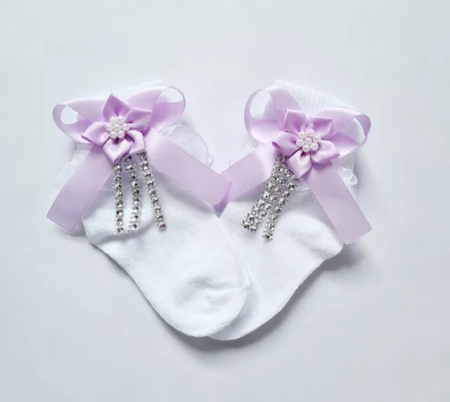 Girls White Lilac ankle socks with frill, bow & Diamante detail Newborn +up