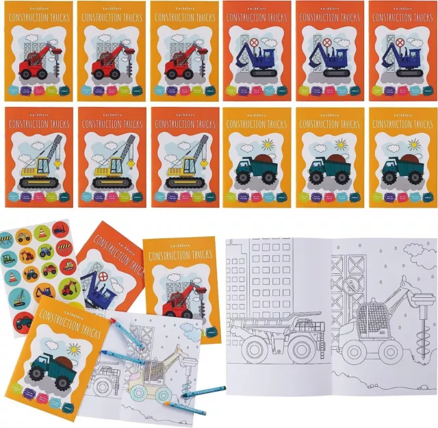 12 Mini Malbücher für Kinder DIN A5 Baustelle +Sticker & 48 Buntstifte Mitgebsel
