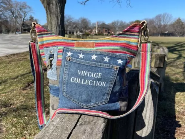 Denim Crossbody Leather Trim Multicolor Vintage Style Messenger Shoulder Bag