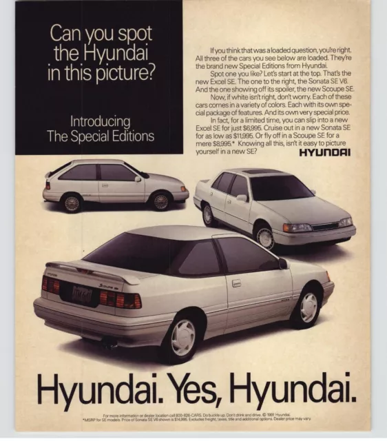 1990 White Hyundai Sonata SE Excel SE Scoupe SE Photo Vintage 3 Cars Print AD