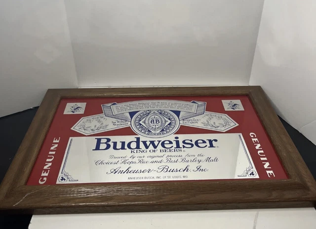 VINTAGE BUDWEISER KING of Beers Beer Bar Wood Framed Glass Mirror 19" x