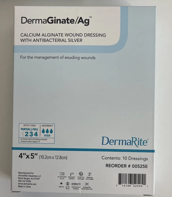 "Aderezo para heridas DermaGinate Ag plata antibacteriana 00525E caja de 10 -4"X5"