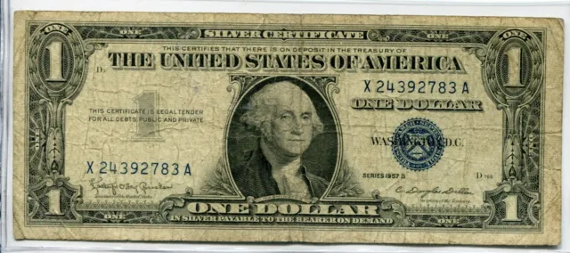 1957-B One Dollar Blue Seal Note Silver Certificate - U.S. $1 Bill.