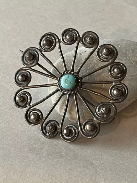 NAVAJO STYLE PINWHEEL Brooch Pin Sterling Silver Turquoise Vintage $19. ...