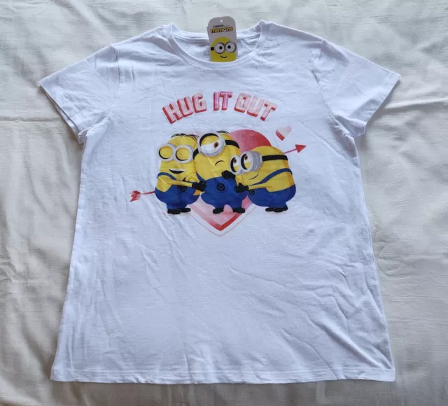 Minions Ladies Hug It Out White Printed Short Sleeve T Shirt Size S New