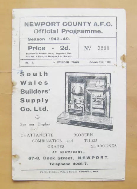 NEWPORT COUNTY v SWINDON TOWN 1948/1949 *Fair/Good Condition Football Programme*