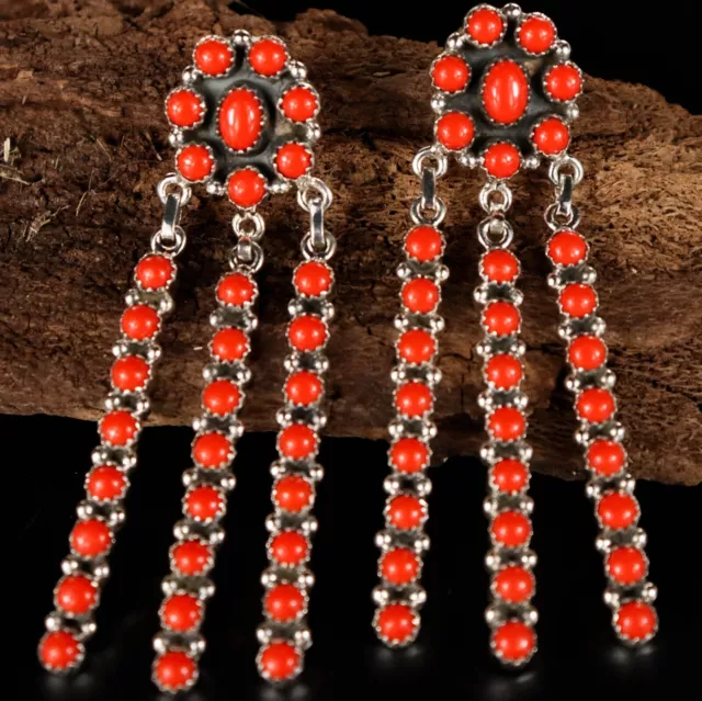 3" Navajo RED CORAL Handmade Sterling Silver  LONG DANGLE Earrings