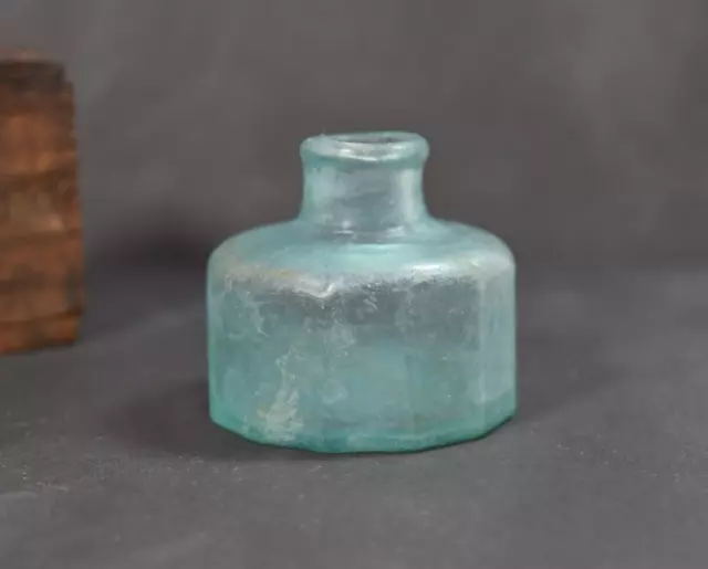 Antique Vtg Great Green Aqua Blown Glass Ink Well Bottle Broken Pontil