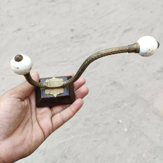 Vintage Victorian Ceramic Knobs Ornate Decorative Brass Wall Hanger Hook M626